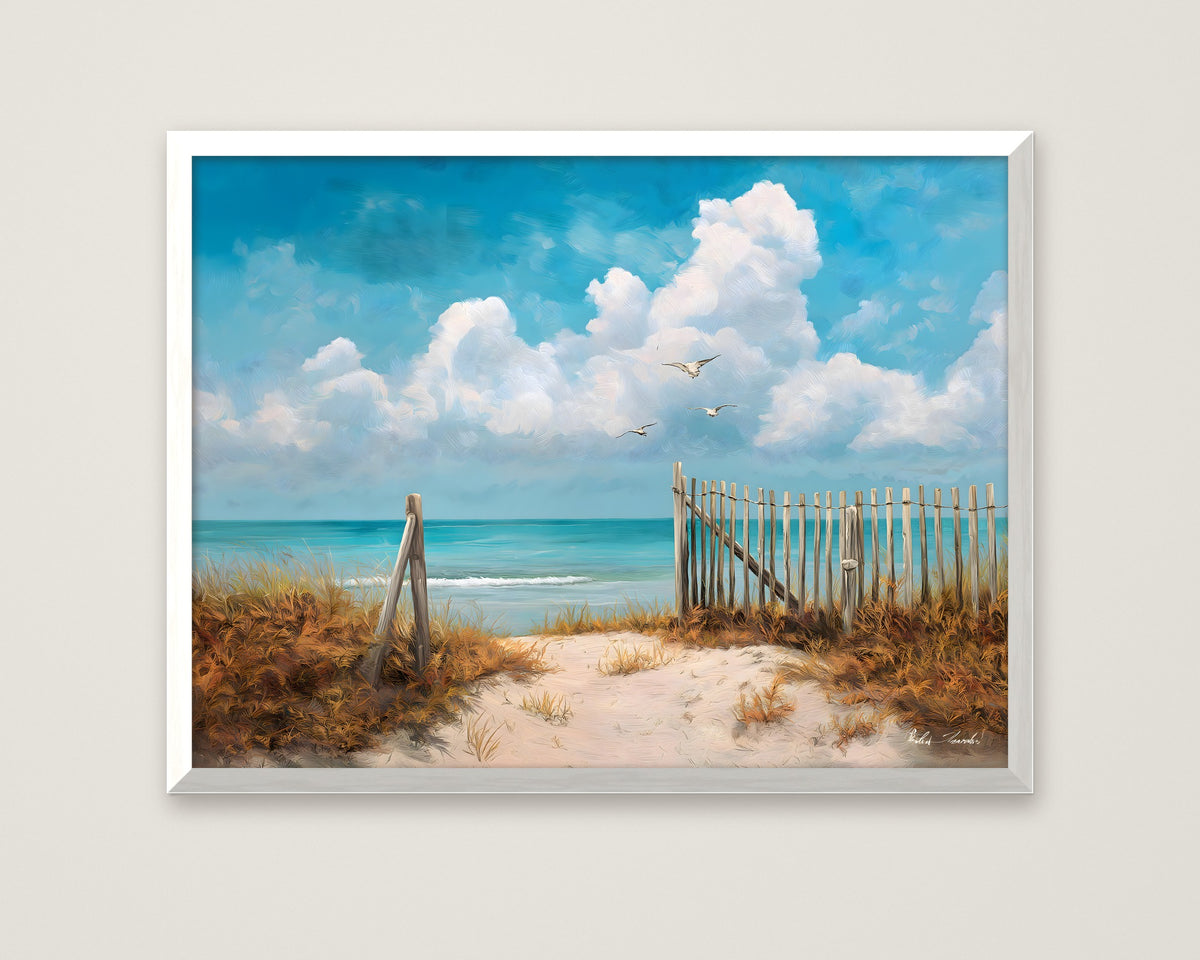 Coastal Beach Path Painting in a white frame