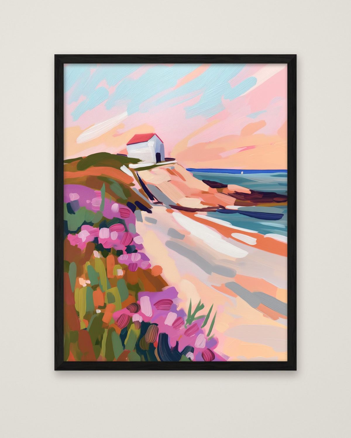 Coastal Cliffside Floral Landscape Art in a black frame
