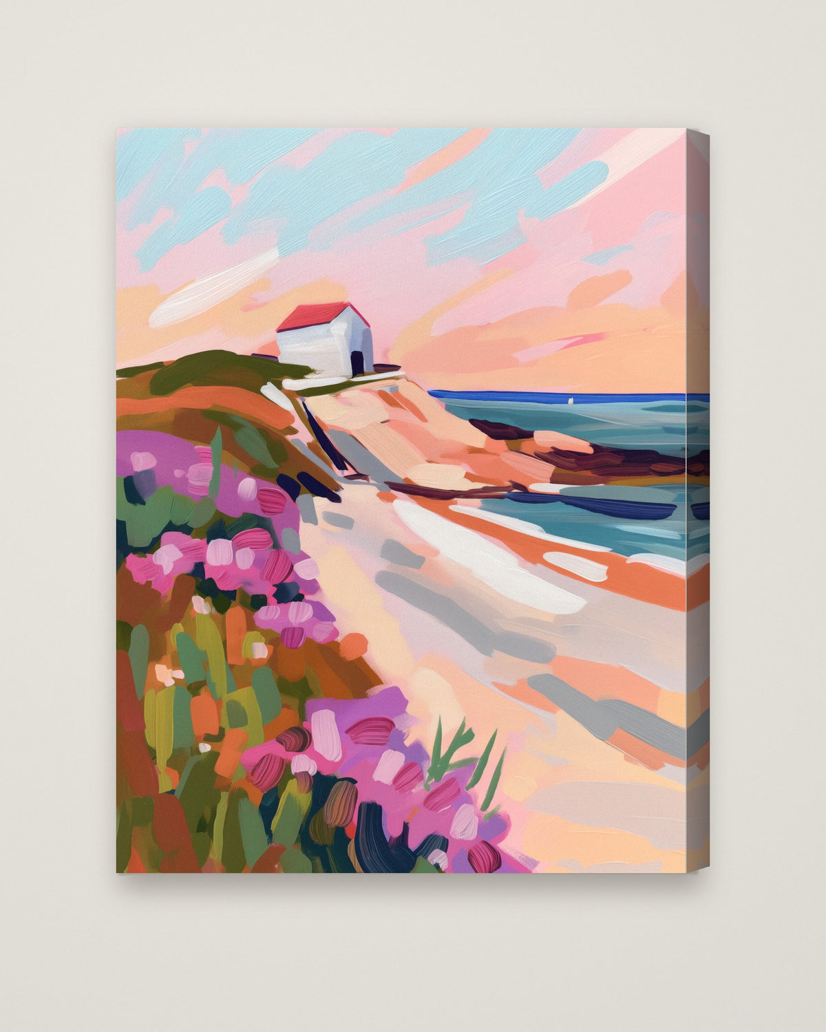 Coastal Cliffside Floral Landscape Art as a stretched canvas