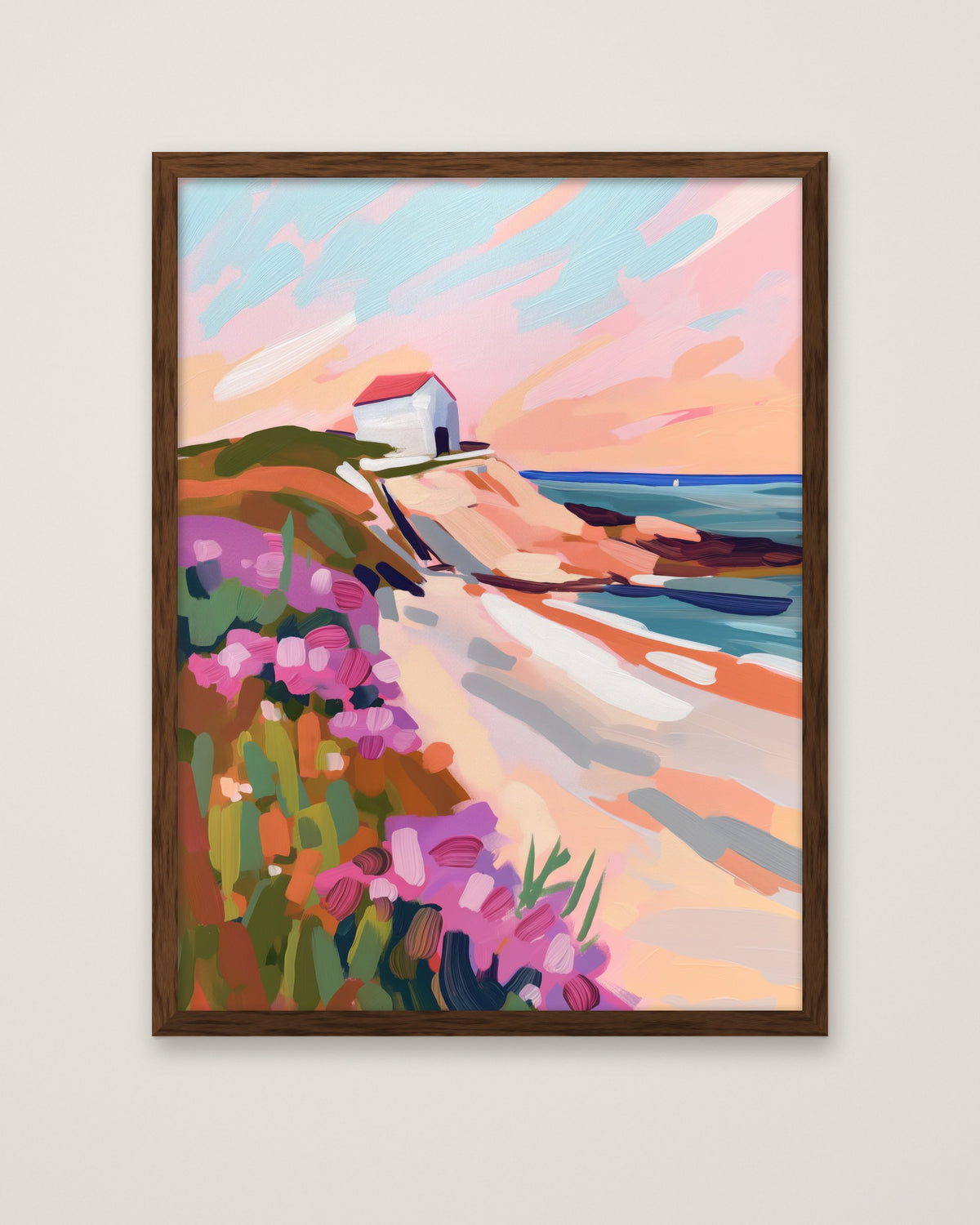 Coastal Cliffside Floral Landscape Art in a dark wood frame