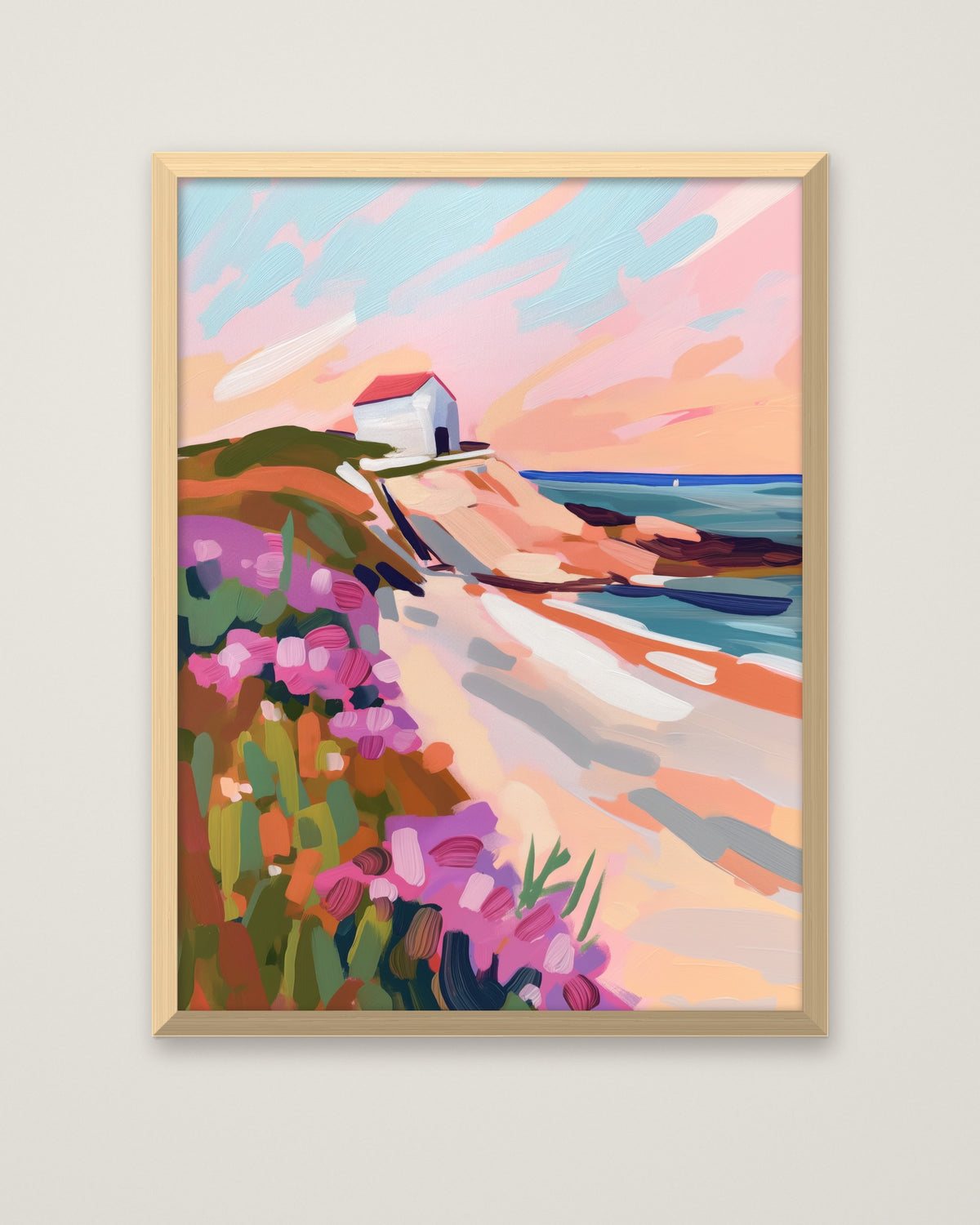 Coastal Cliffside Floral Landscape Art in a natural wood frame