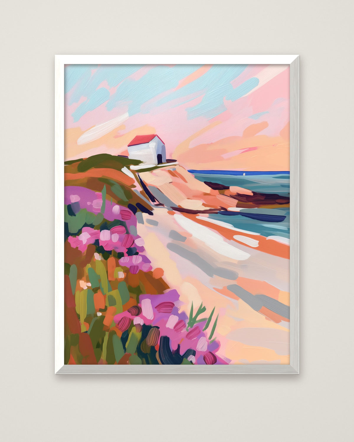 Coastal Cliffside Floral Landscape Art in a white frame