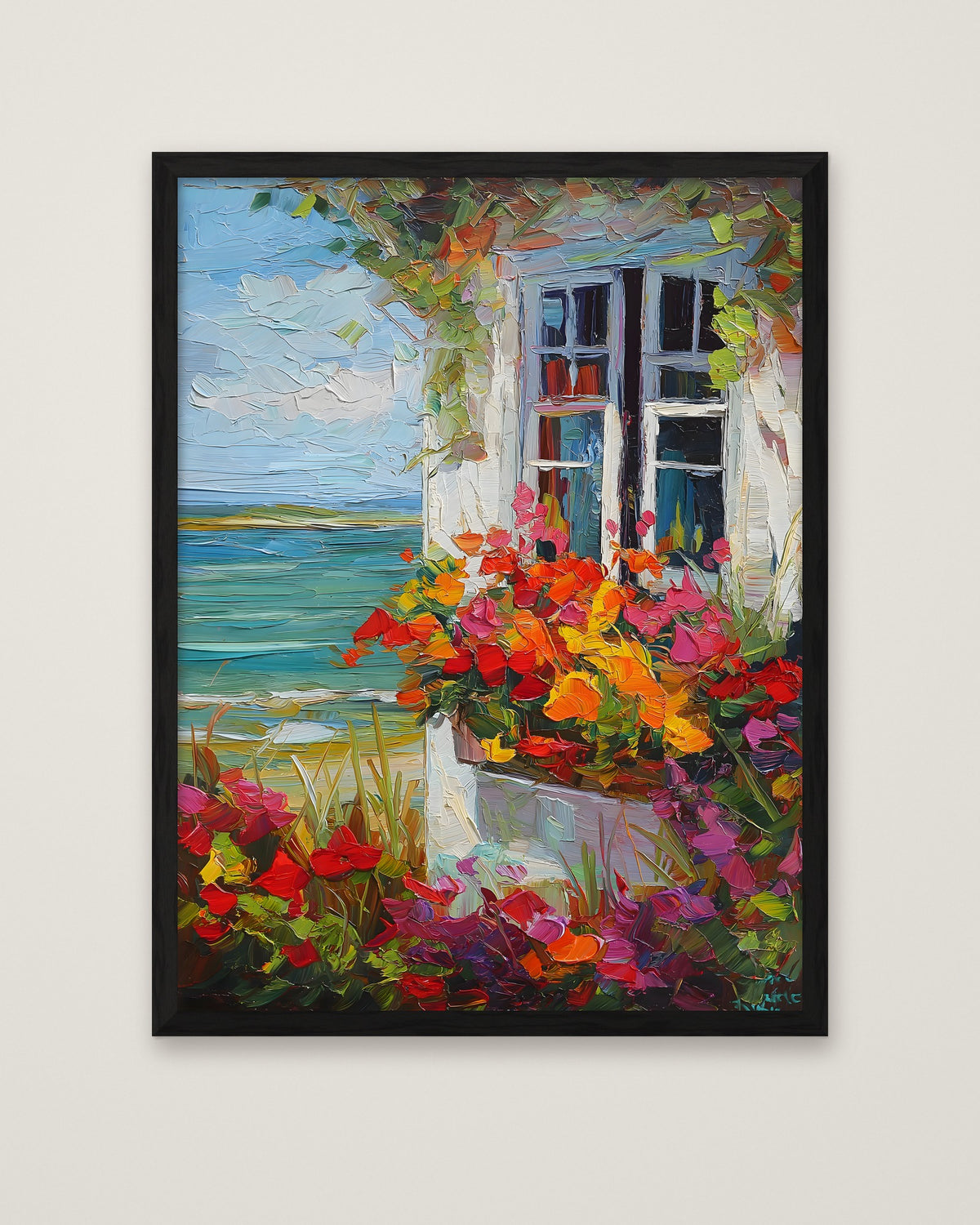 Coastal Cottage Flower Garden Art in a black frame