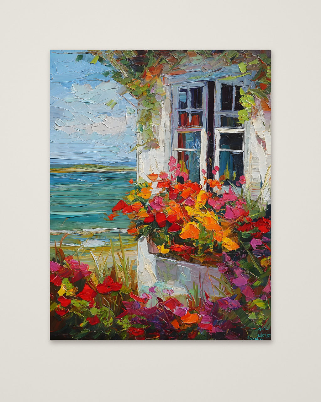 Coastal Cottage Flower Garden Art as an unframed matte paper print