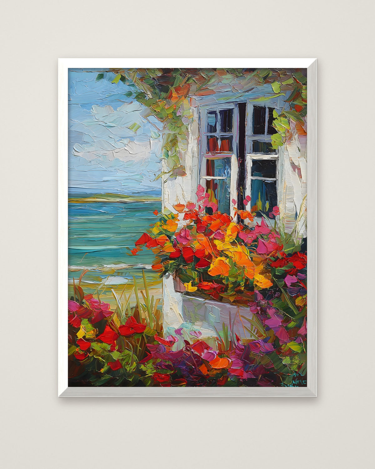 Coastal Cottage Flower Garden Art in a white frame