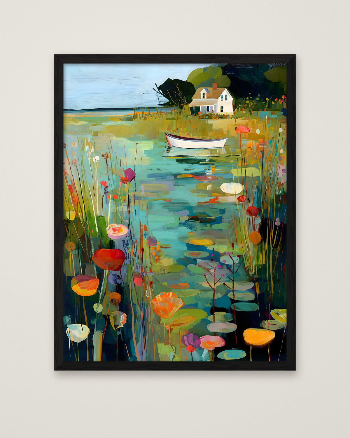 Coastal Cottage Lily Pond Art in a black frame