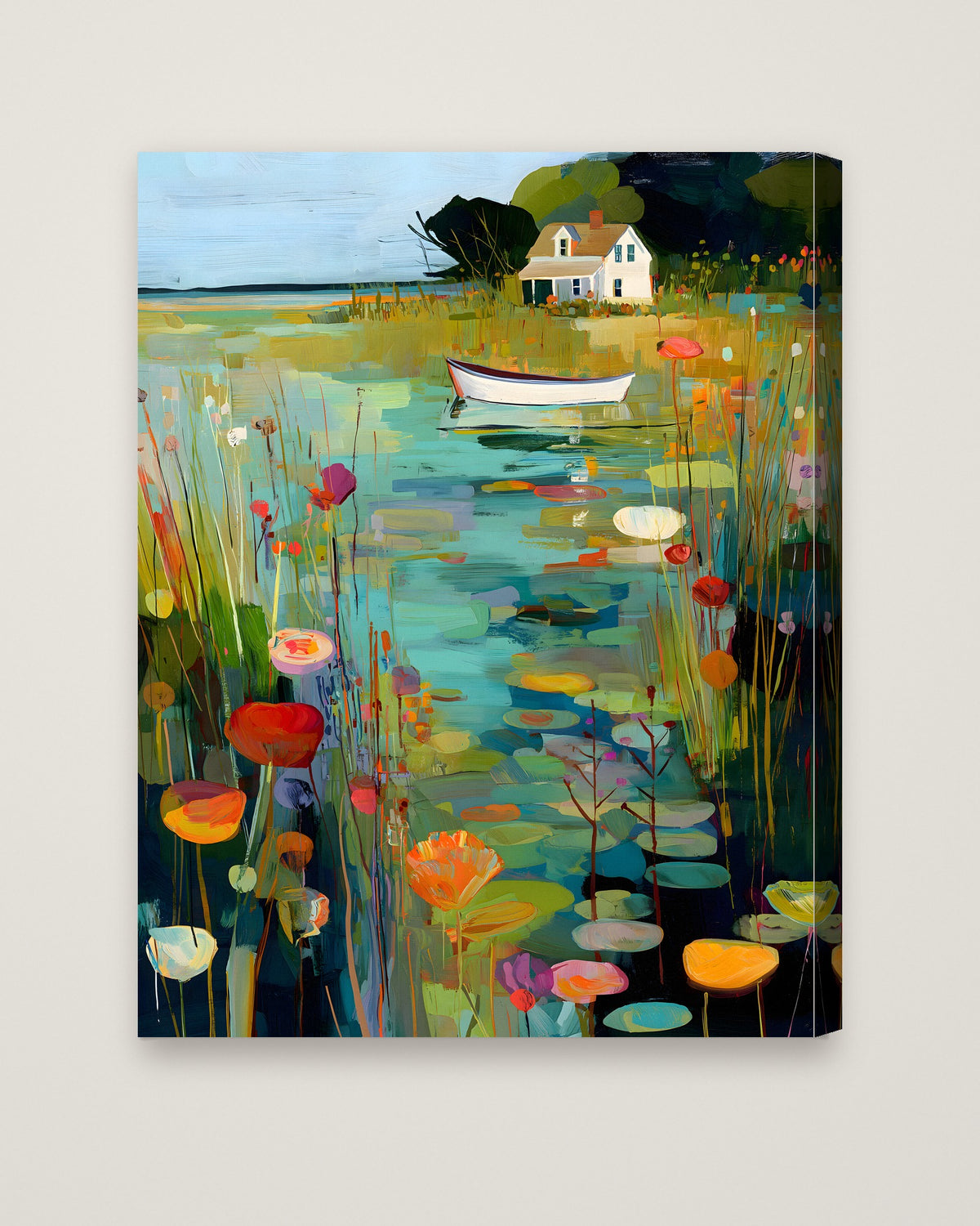 Coastal Cottage Lily Pond Art as a stretched canvas