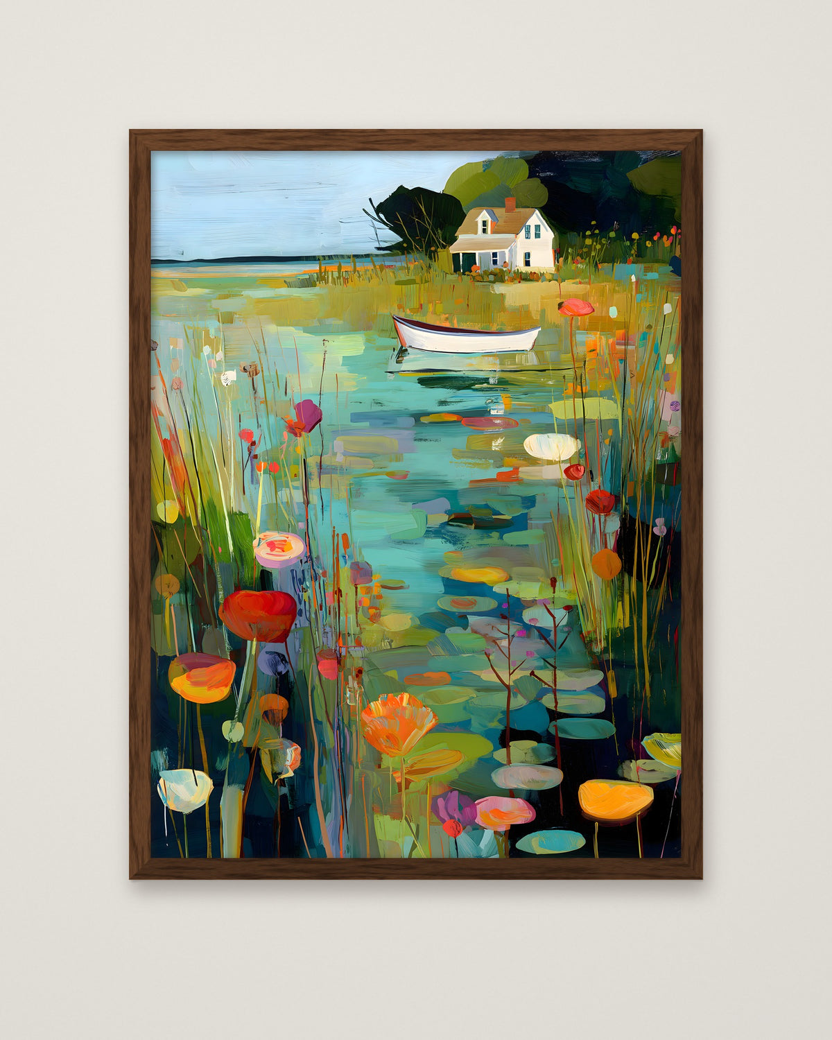 Coastal Cottage Lily Pond Art in a dark wood frame