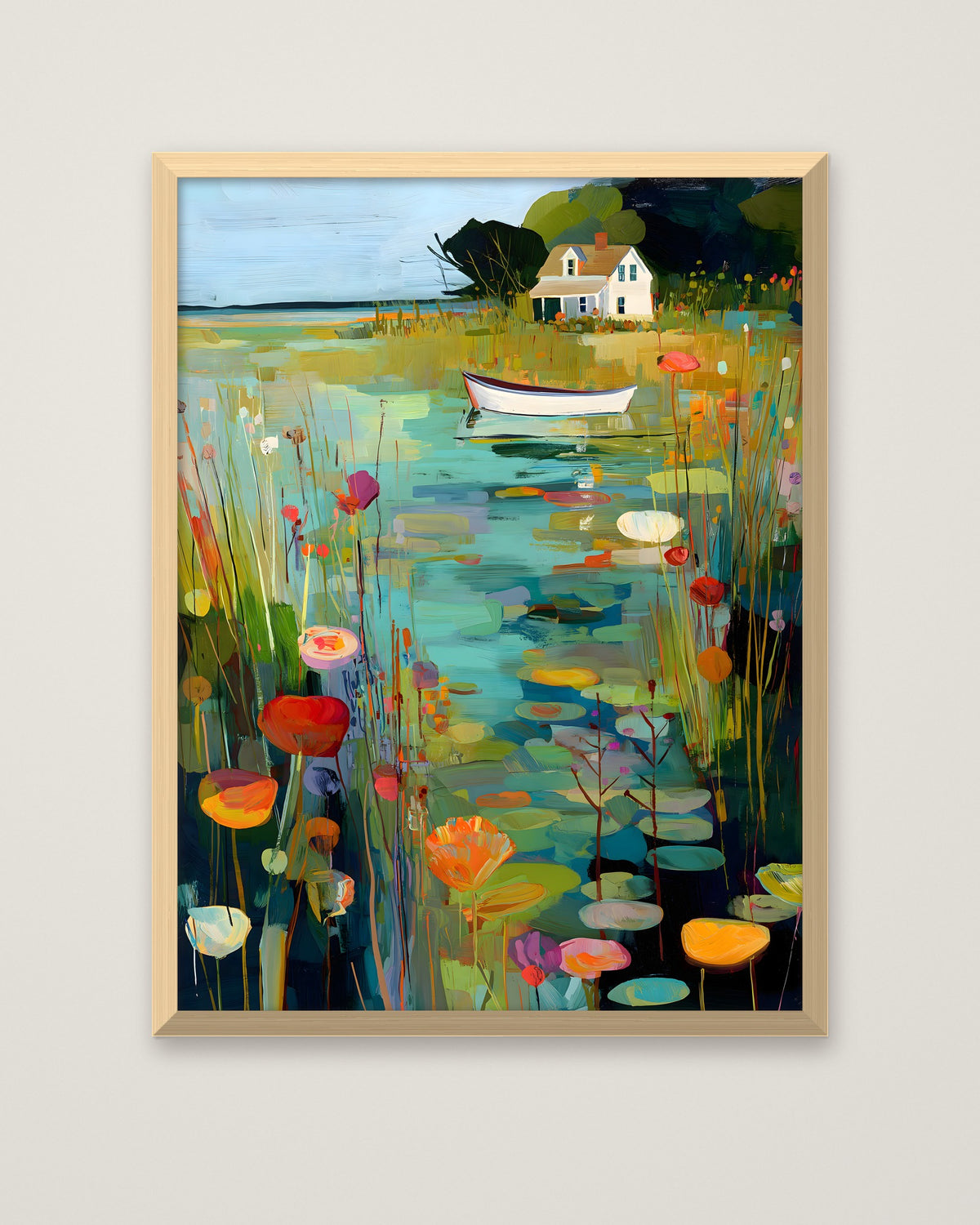 Coastal Cottage Lily Pond Art in a natural wood frame
