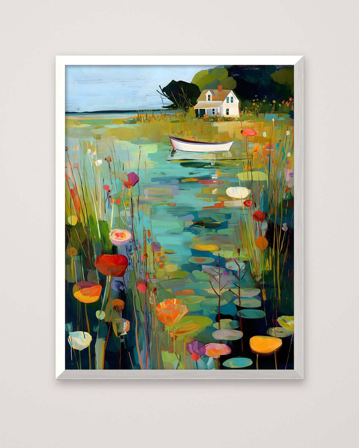 Coastal Cottage Lily Pond Art in a white frame