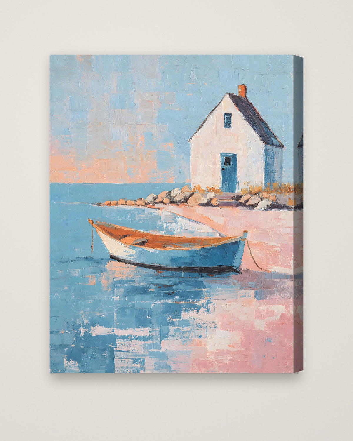 Coastal Cottage Rowboat Painting as a stretched canvas