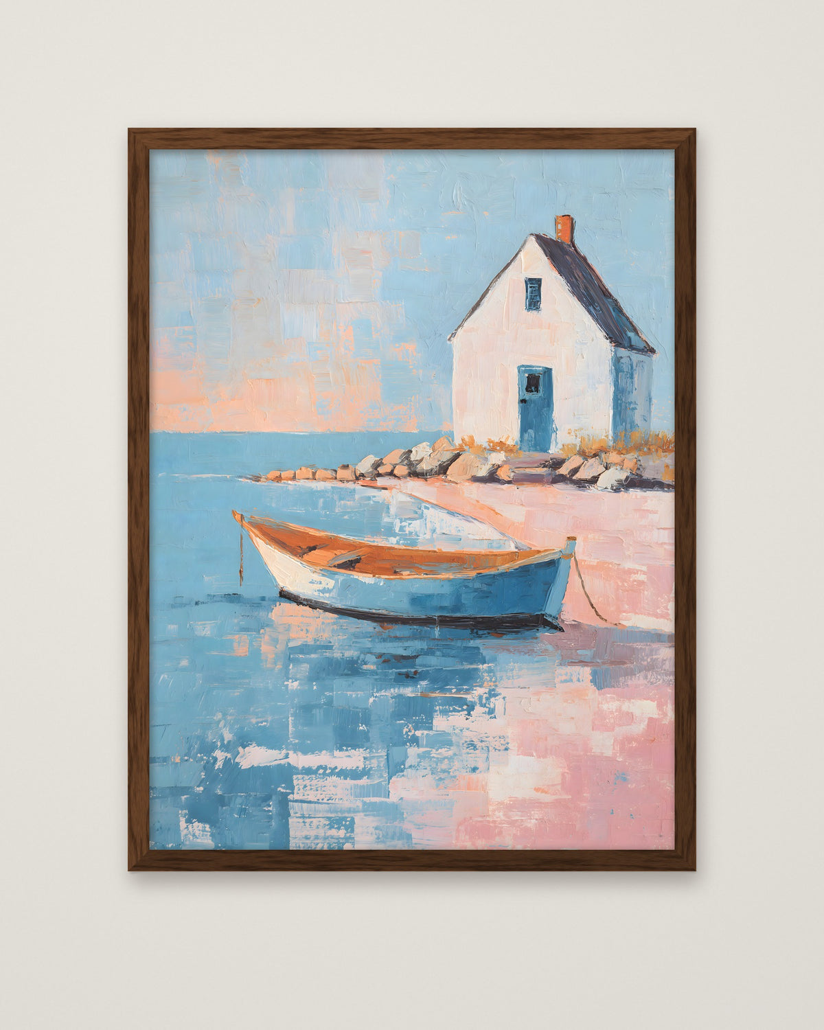 Coastal Cottage Rowboat Painting in a dark wood frame