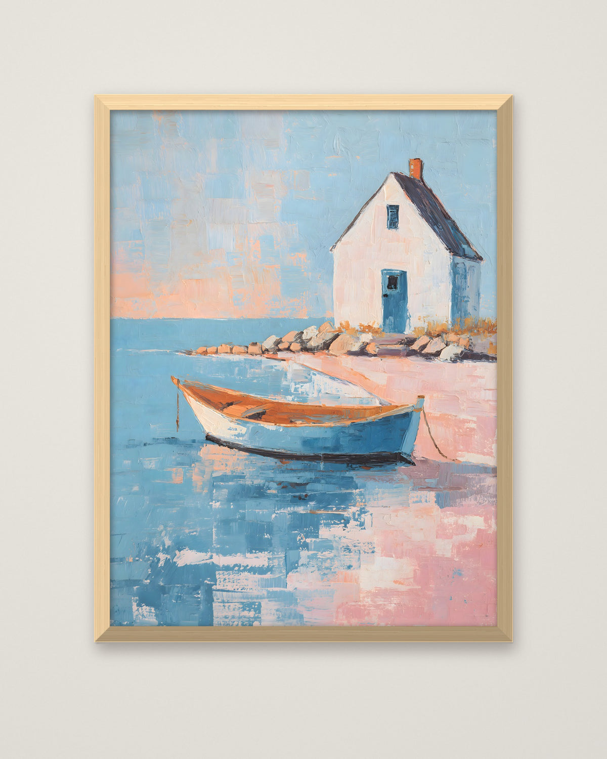 Coastal Cottage Rowboat Painting in a natural wood frame