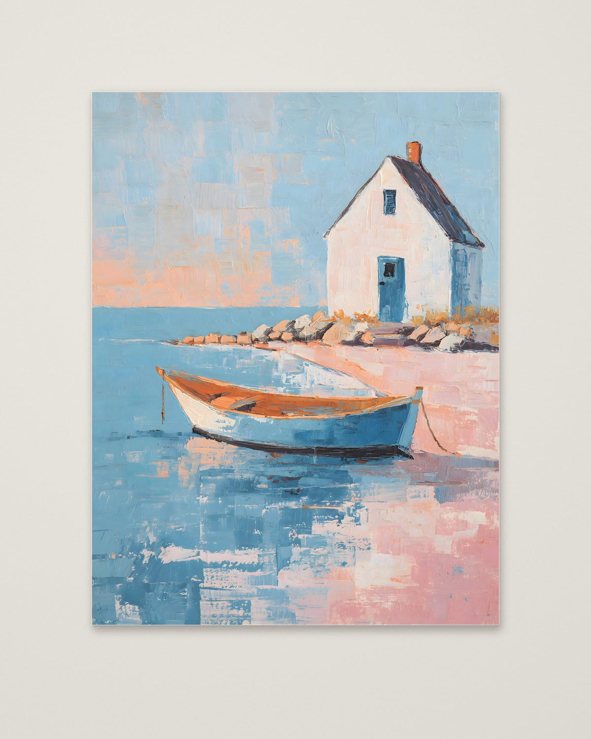 Coastal Cottage Rowboat Painting as an unframed matte paper print