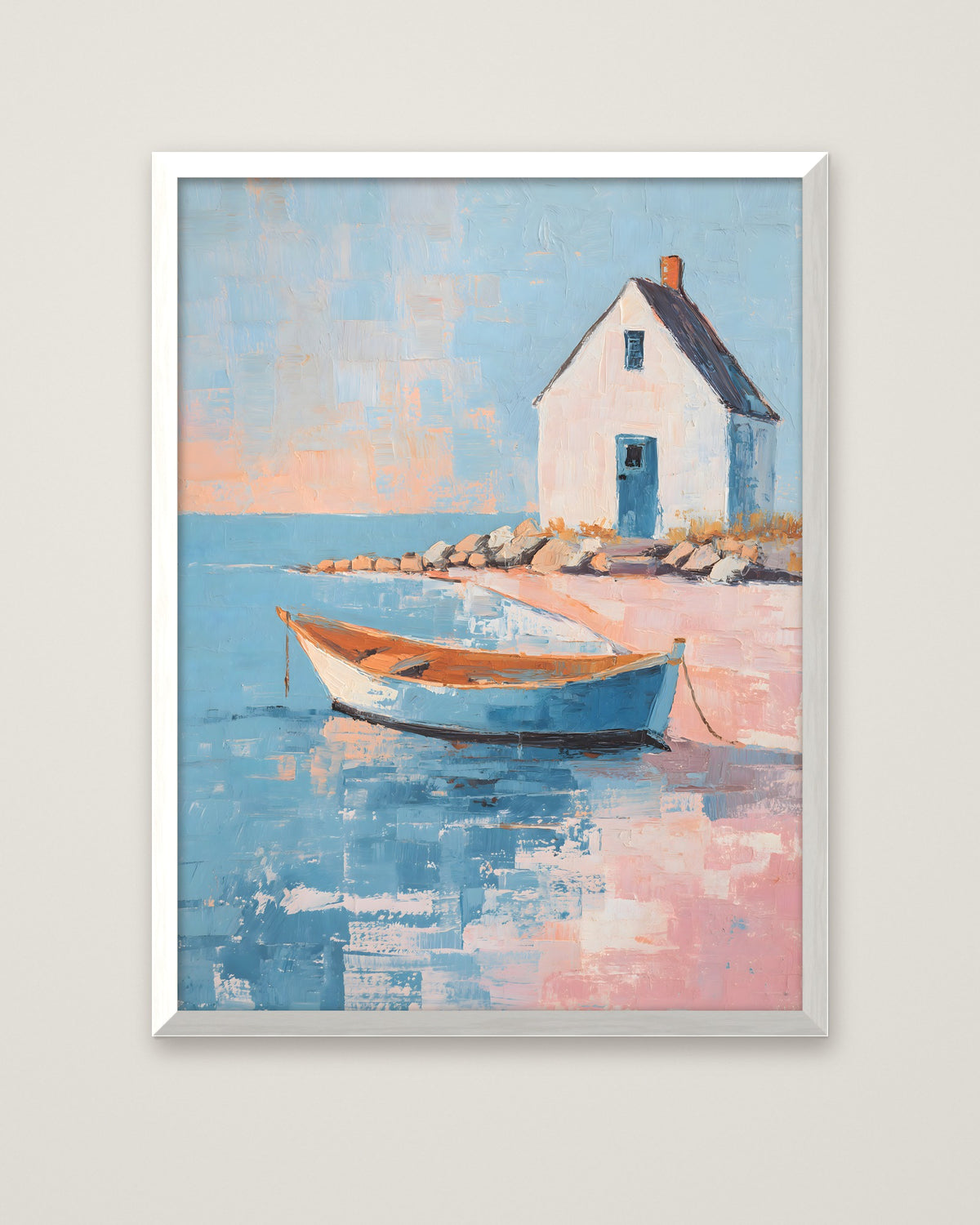 Coastal Cottage Rowboat Painting in a white frame