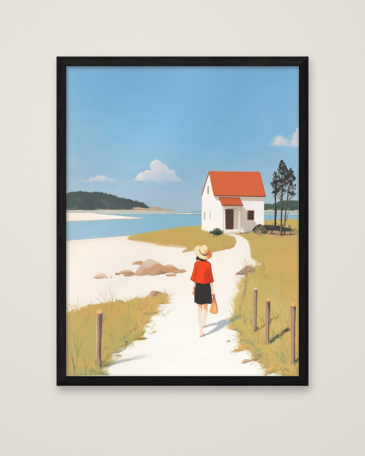 Coastal Cottage Woman Walking Art in a black frame