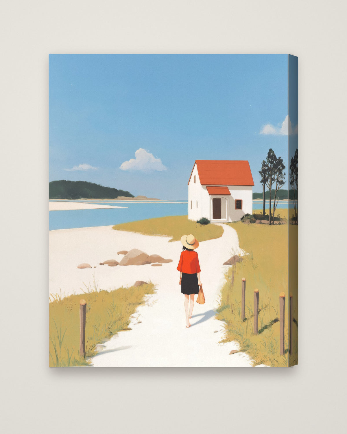 Coastal Cottage Woman Walking Art as a stretched canvas