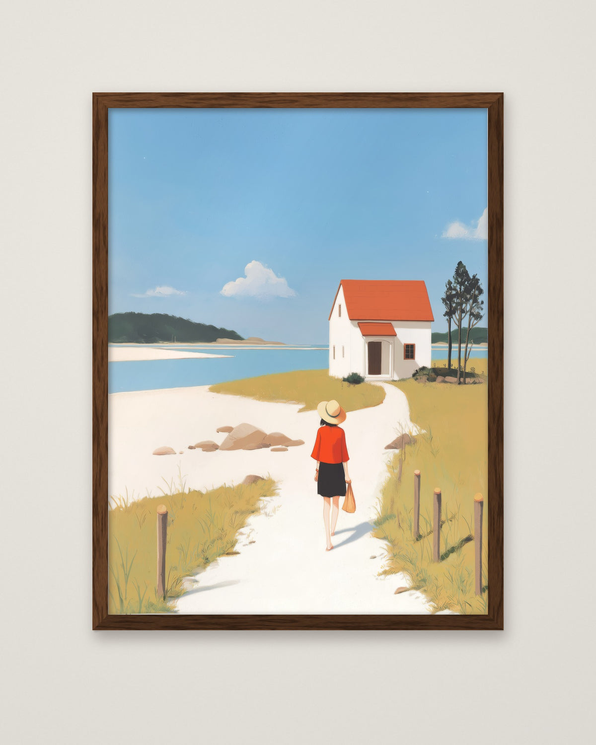 Coastal Cottage Woman Walking Art in a dark wood frame