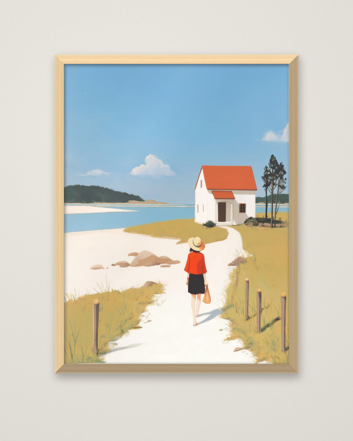 Coastal Cottage Woman Walking Art in a natural wood frame
