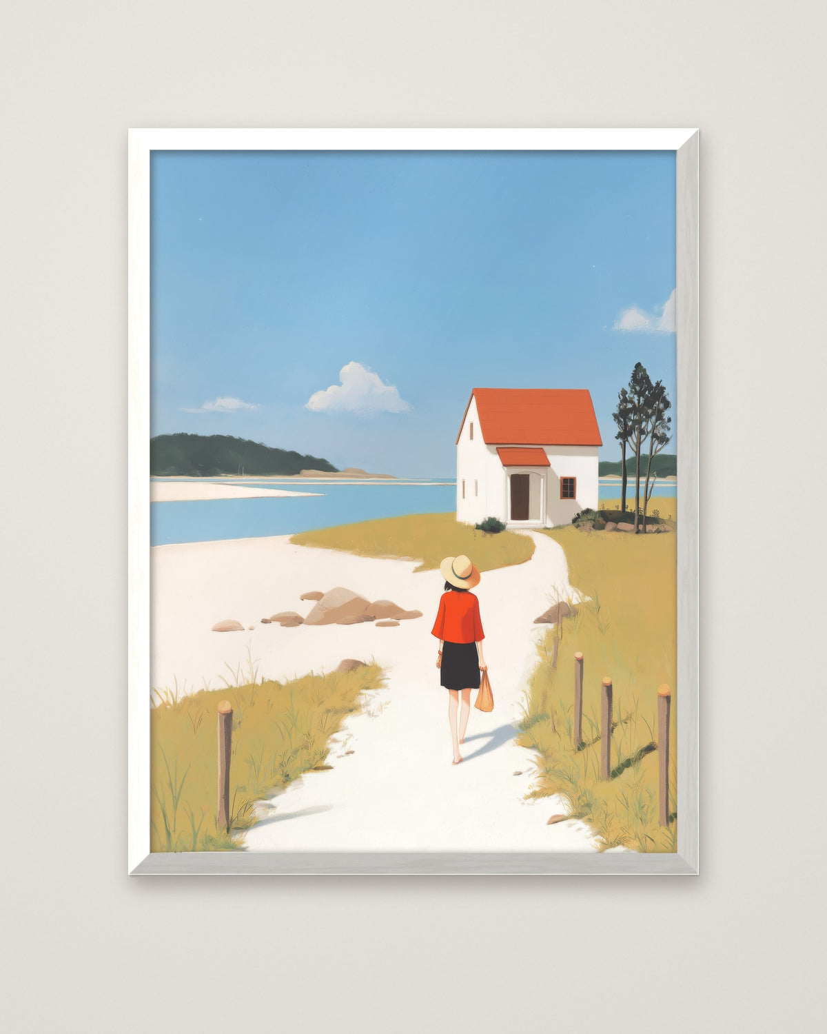 Coastal Cottage Woman Walking Art in a white frame