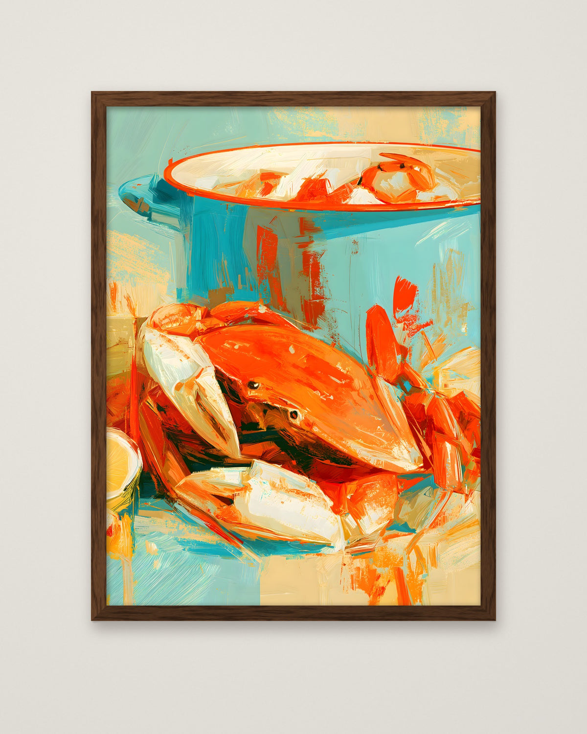 Coastal Crab Still Life Art in a dark wood frame