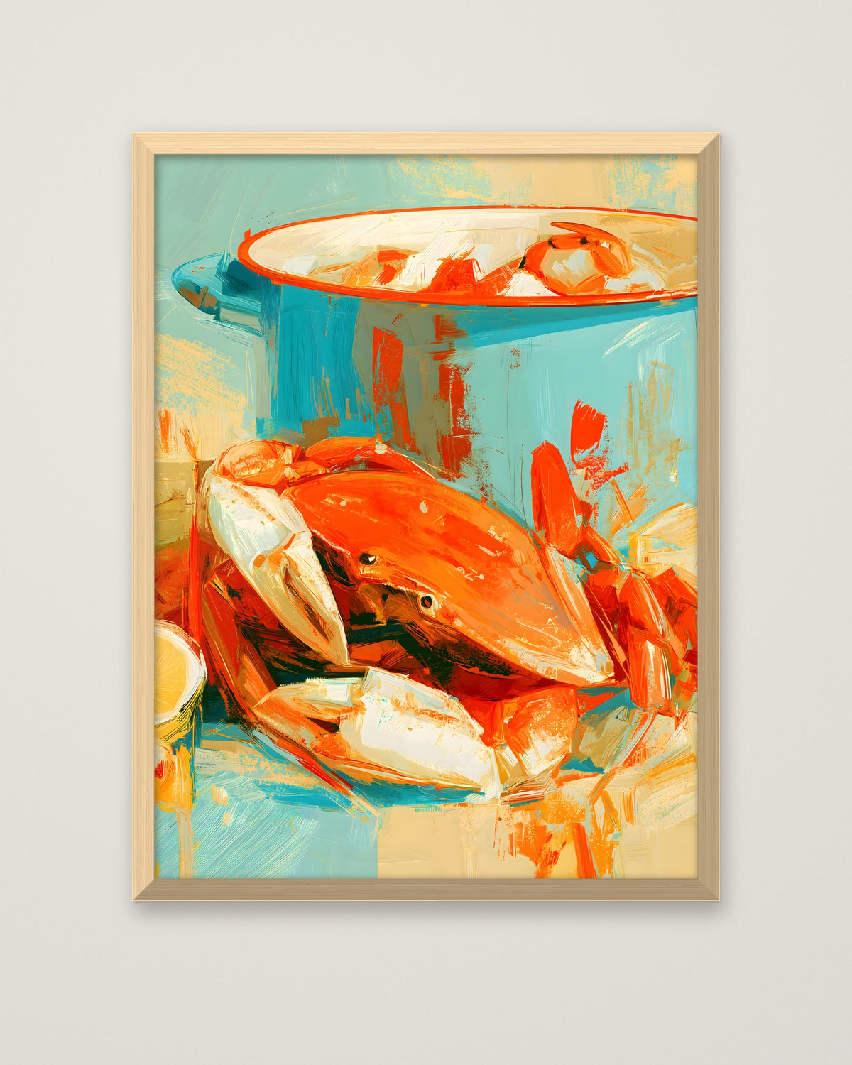 Coastal Crab Still Life Art in a natural wood frame