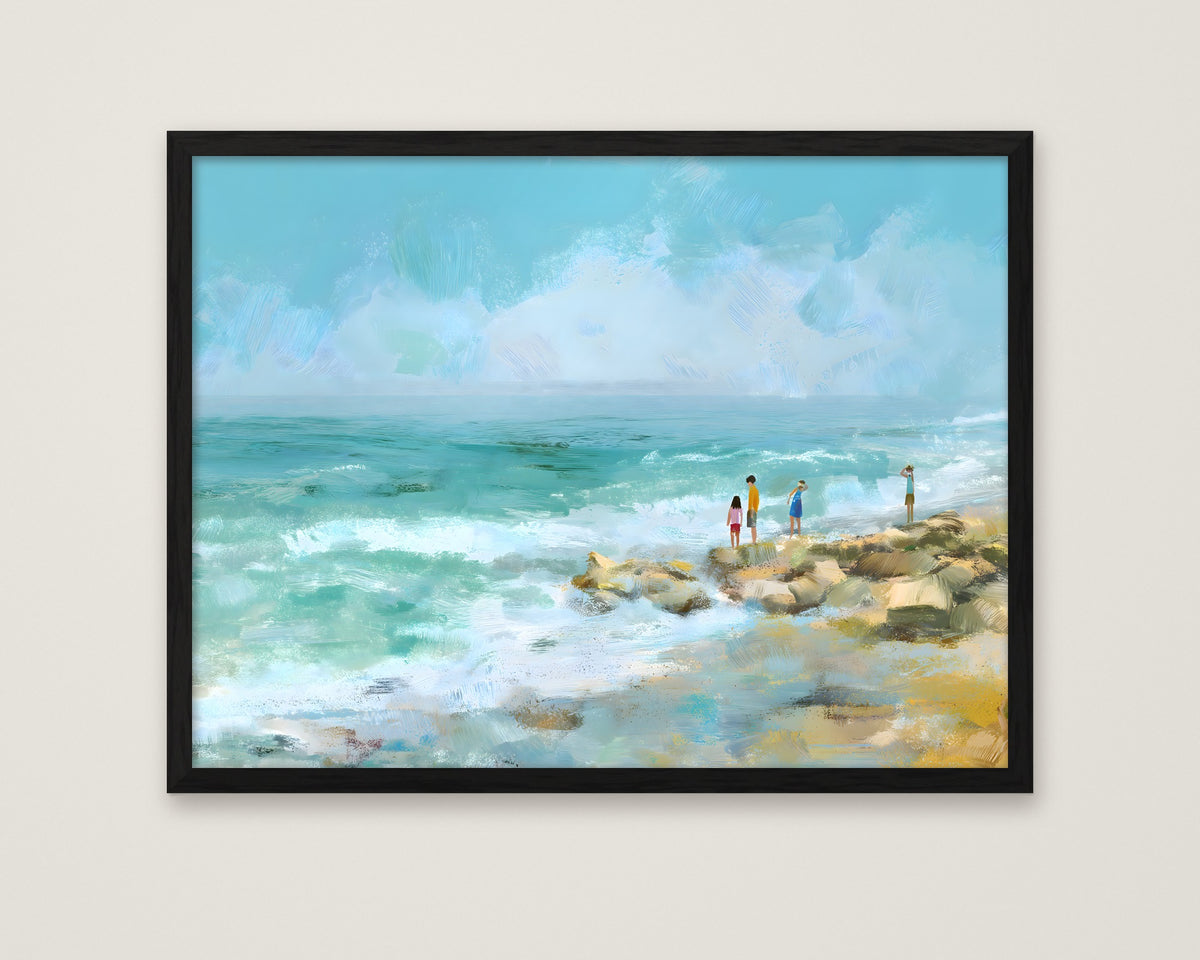 Coastal Family Figures Impressionist Art in a black frame