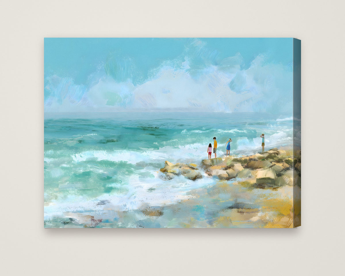 Coastal Family Figures Impressionist Art as a stretched canvas