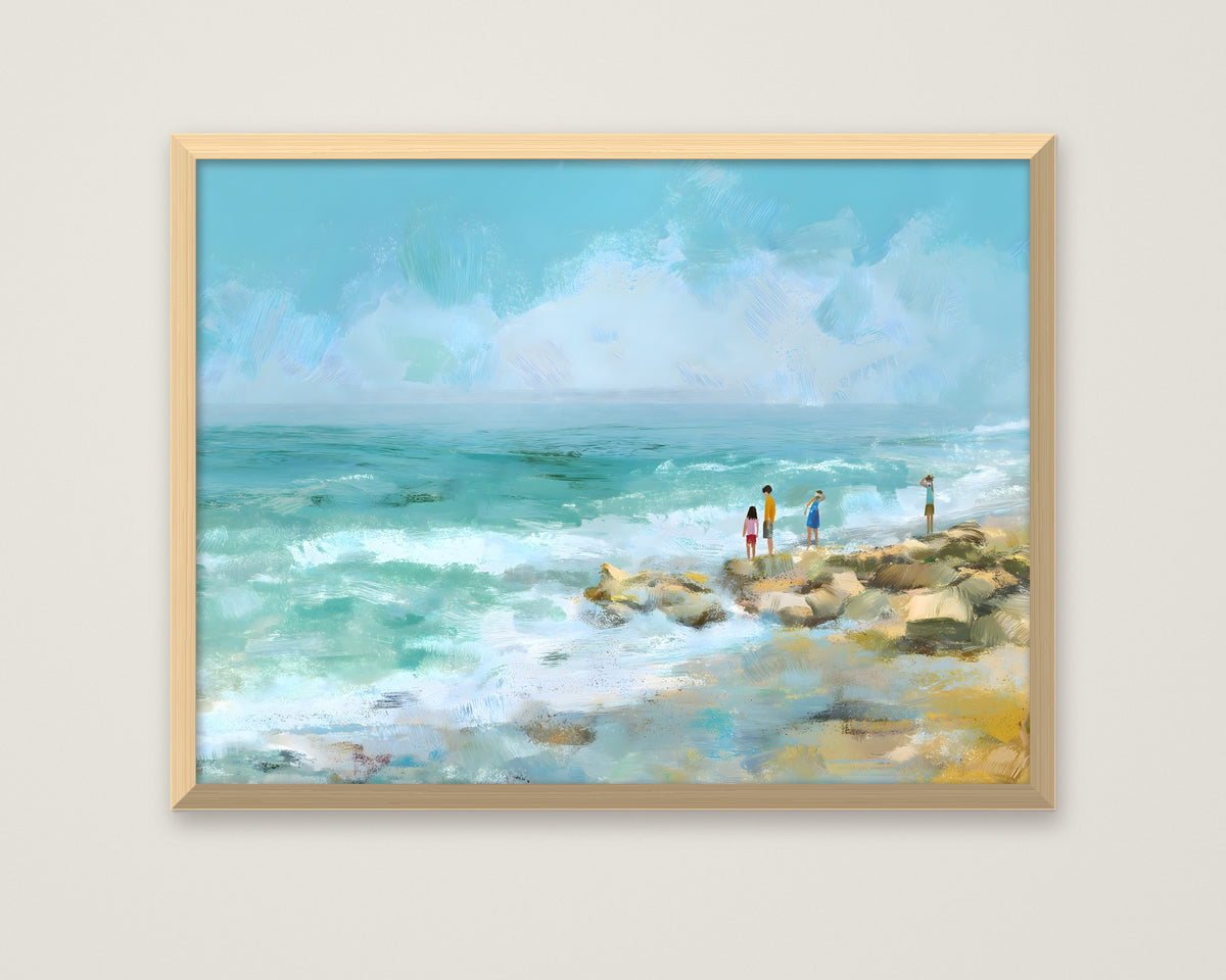 Coastal Family Figures Impressionist Art in a natural wood frame