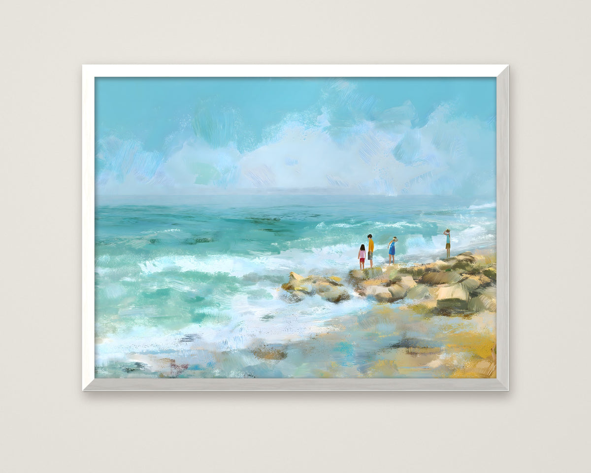 Coastal Family Figures Impressionist Art in a white frame