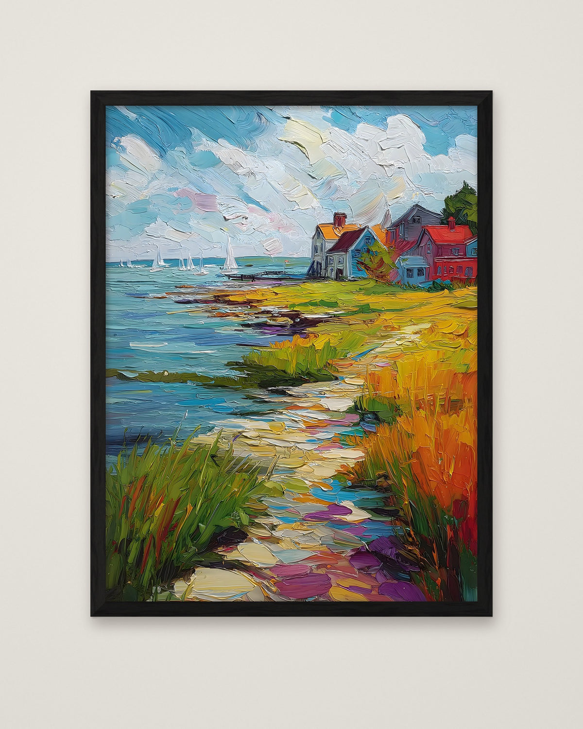 Coastal New England Village Art in a black frame