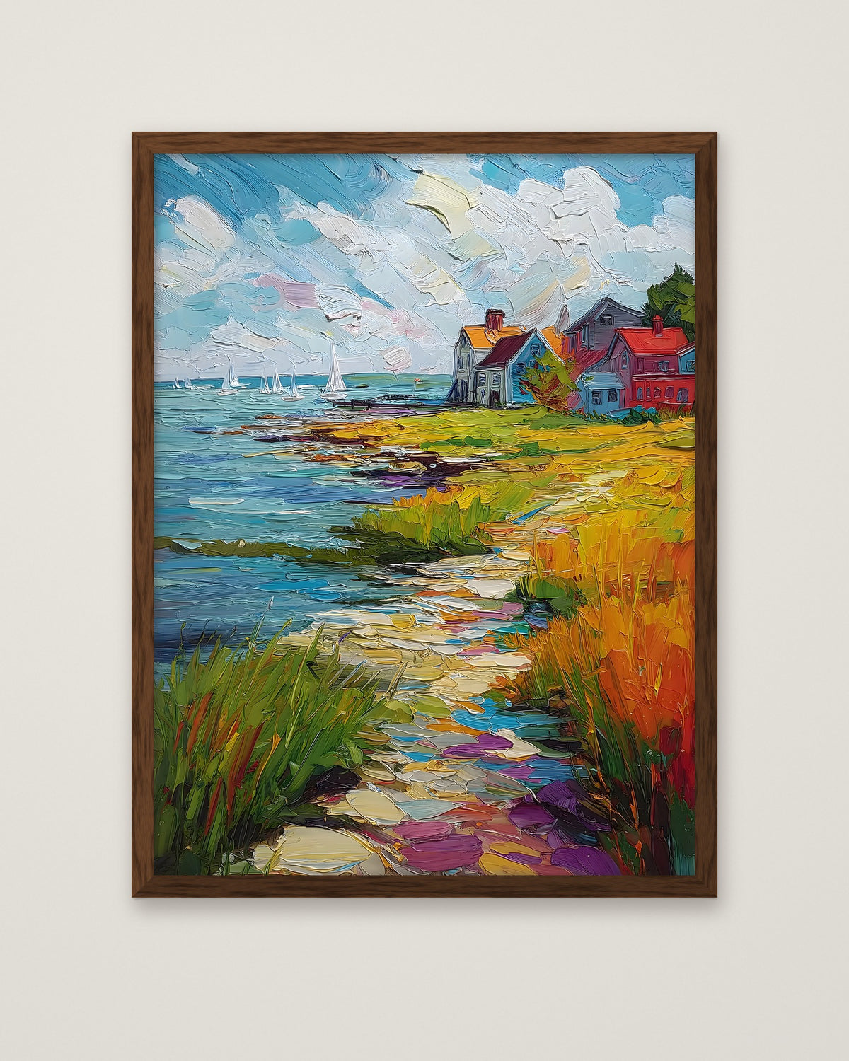 Coastal New England Village Art in a dark wood frame