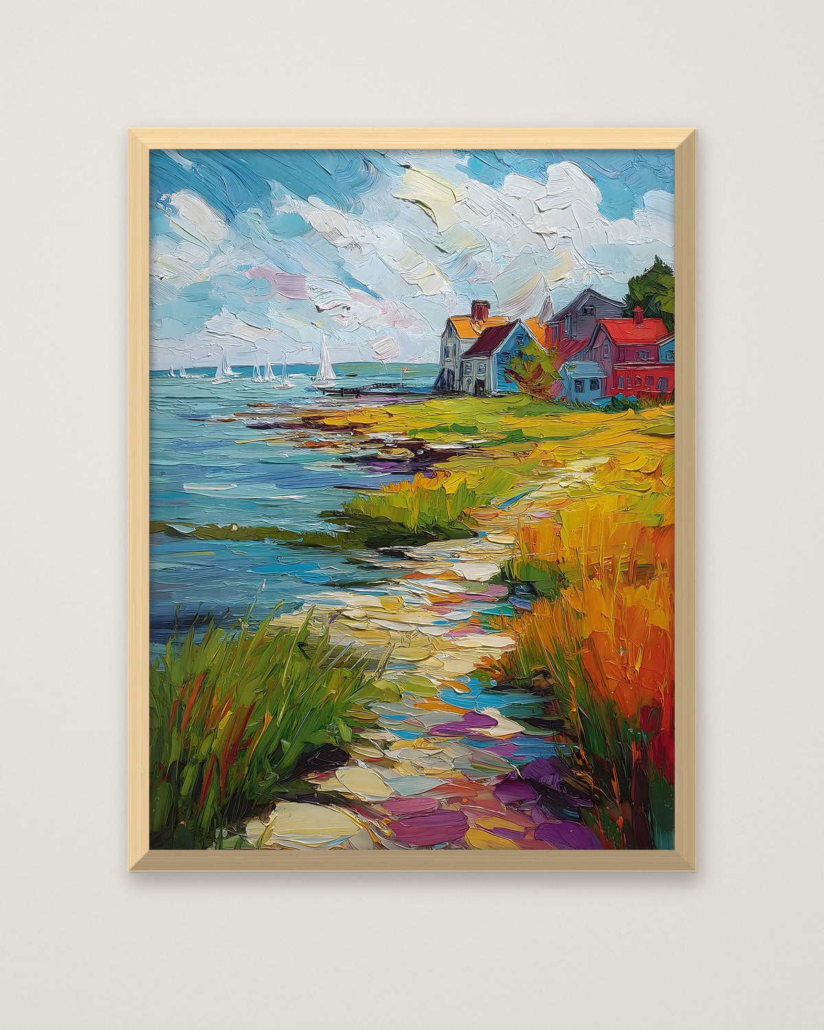Coastal New England Village Art in a natural wood frame