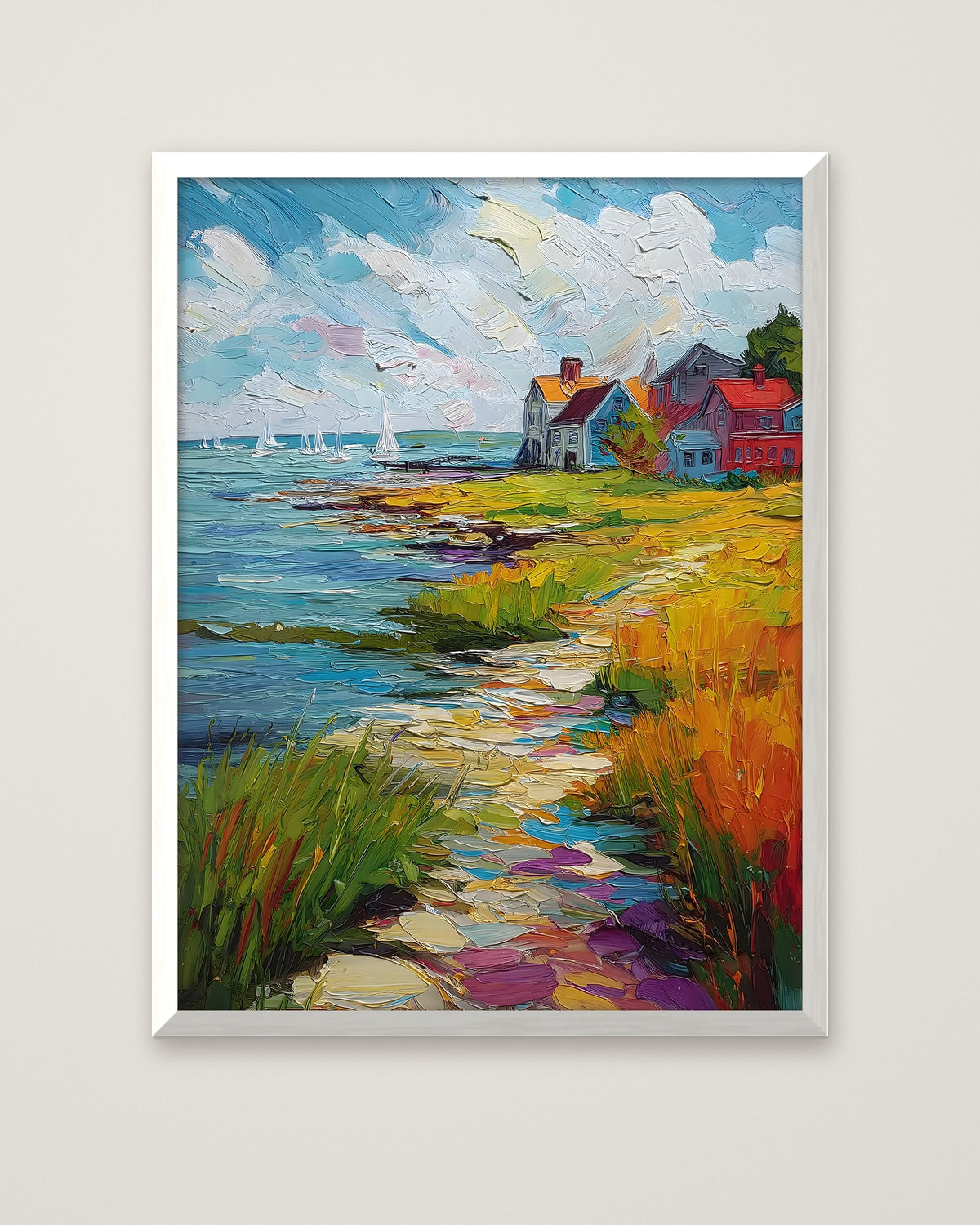 Coastal New England Village Art in a white frame