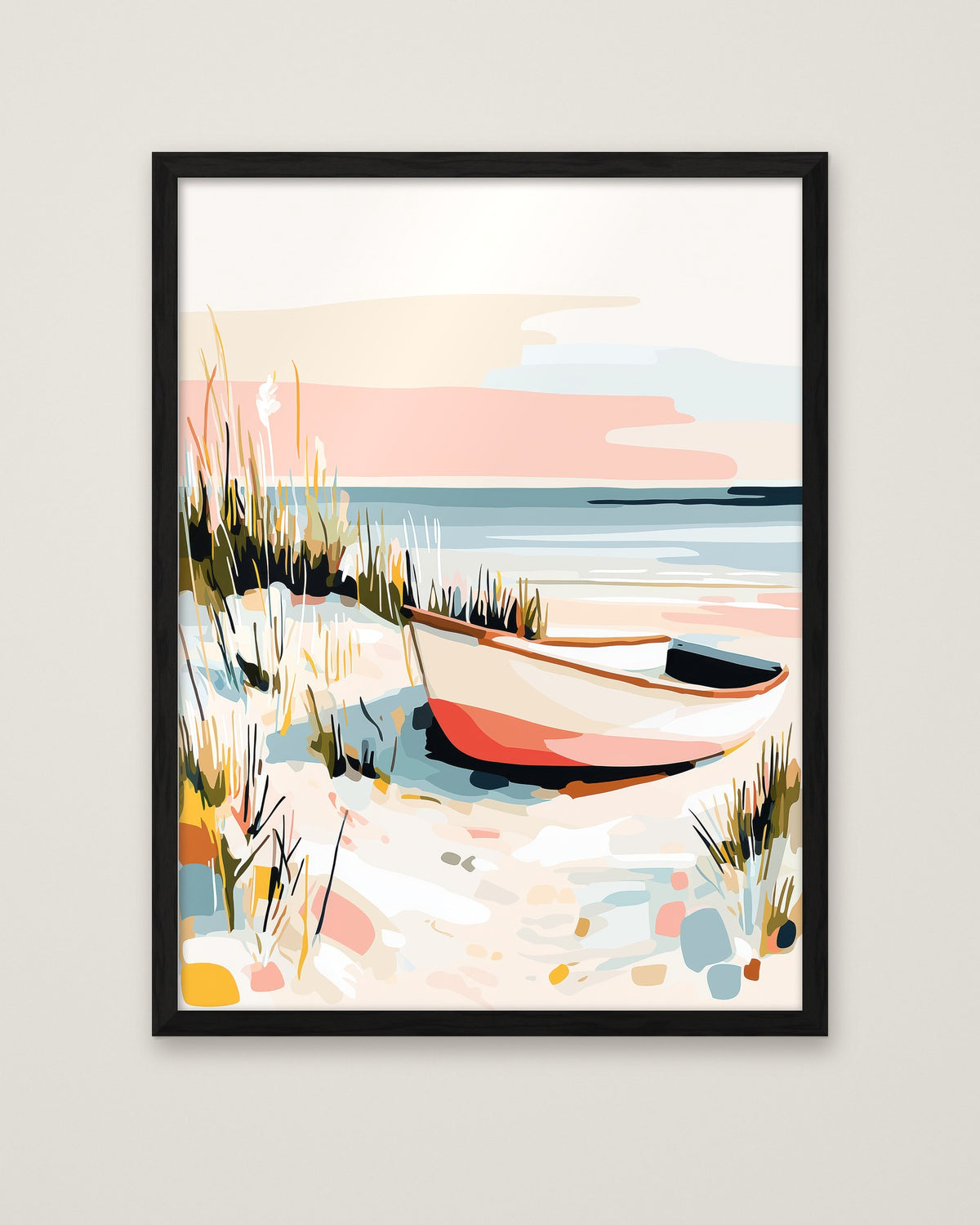 Coastal Rowboat Beach Art in a black frame