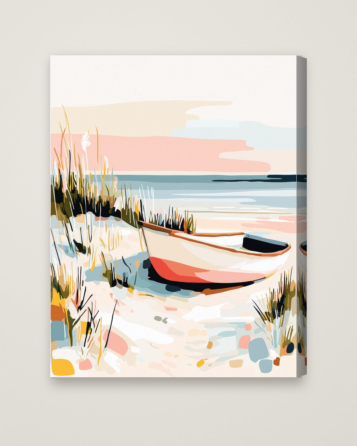 Coastal Rowboat Beach Art as a stretched canvas