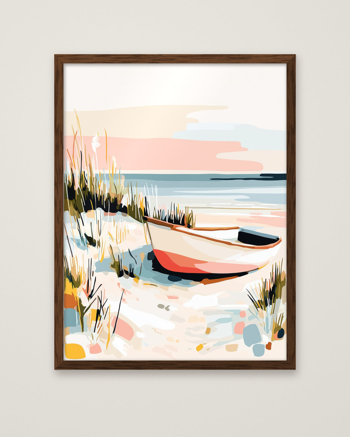 Coastal Rowboat Beach Art in a dark wood frame