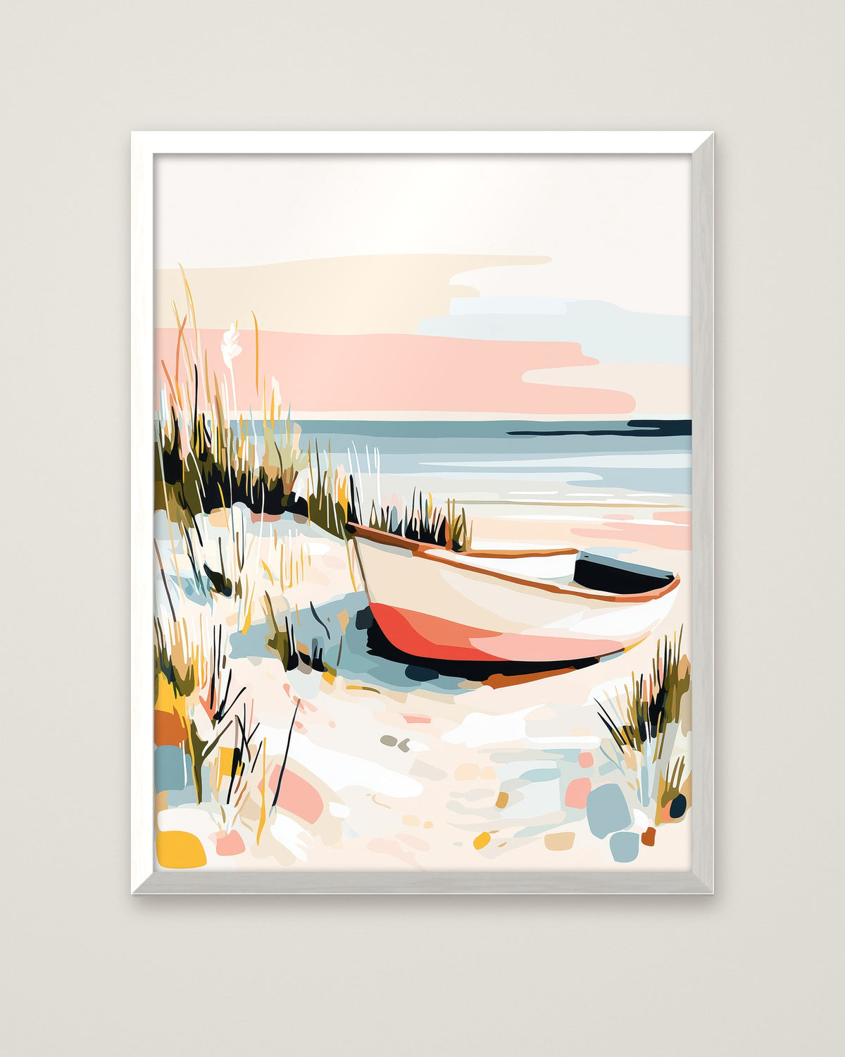 Coastal Rowboat Beach Art in a white frame