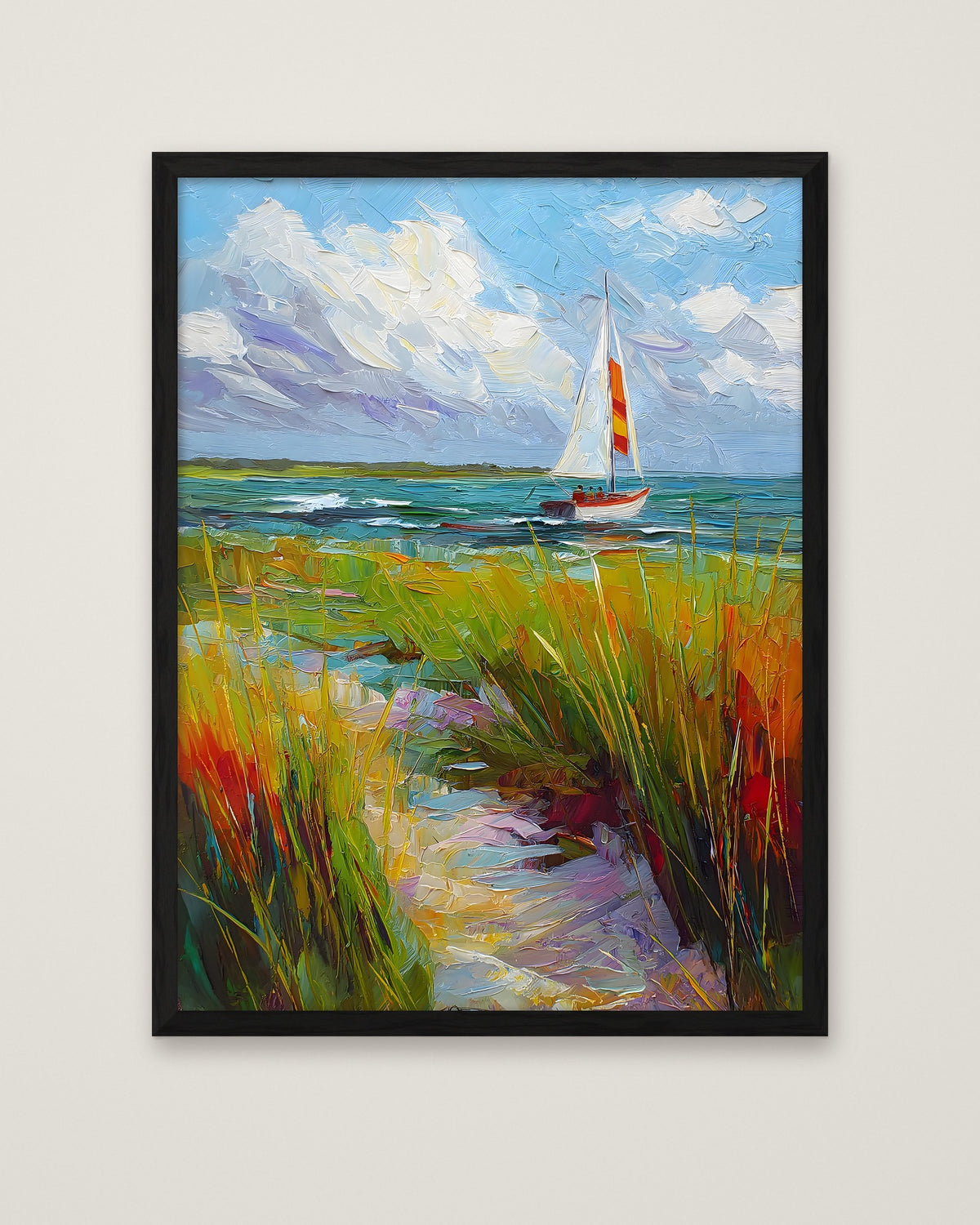 Coastal Sailboat Dune Grass Art in a black frame