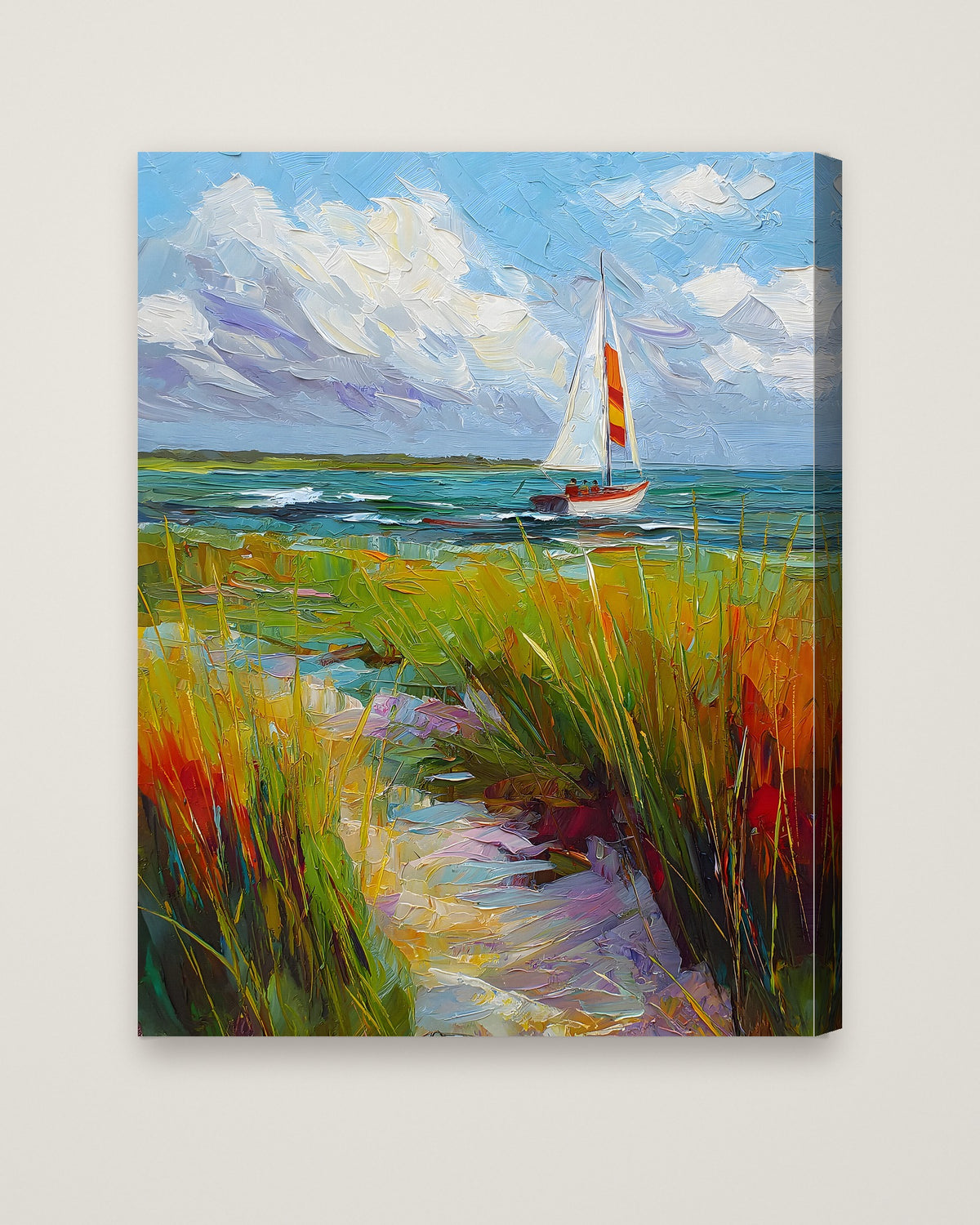 Coastal Sailboat Dune Grass Art as a stretched canvas