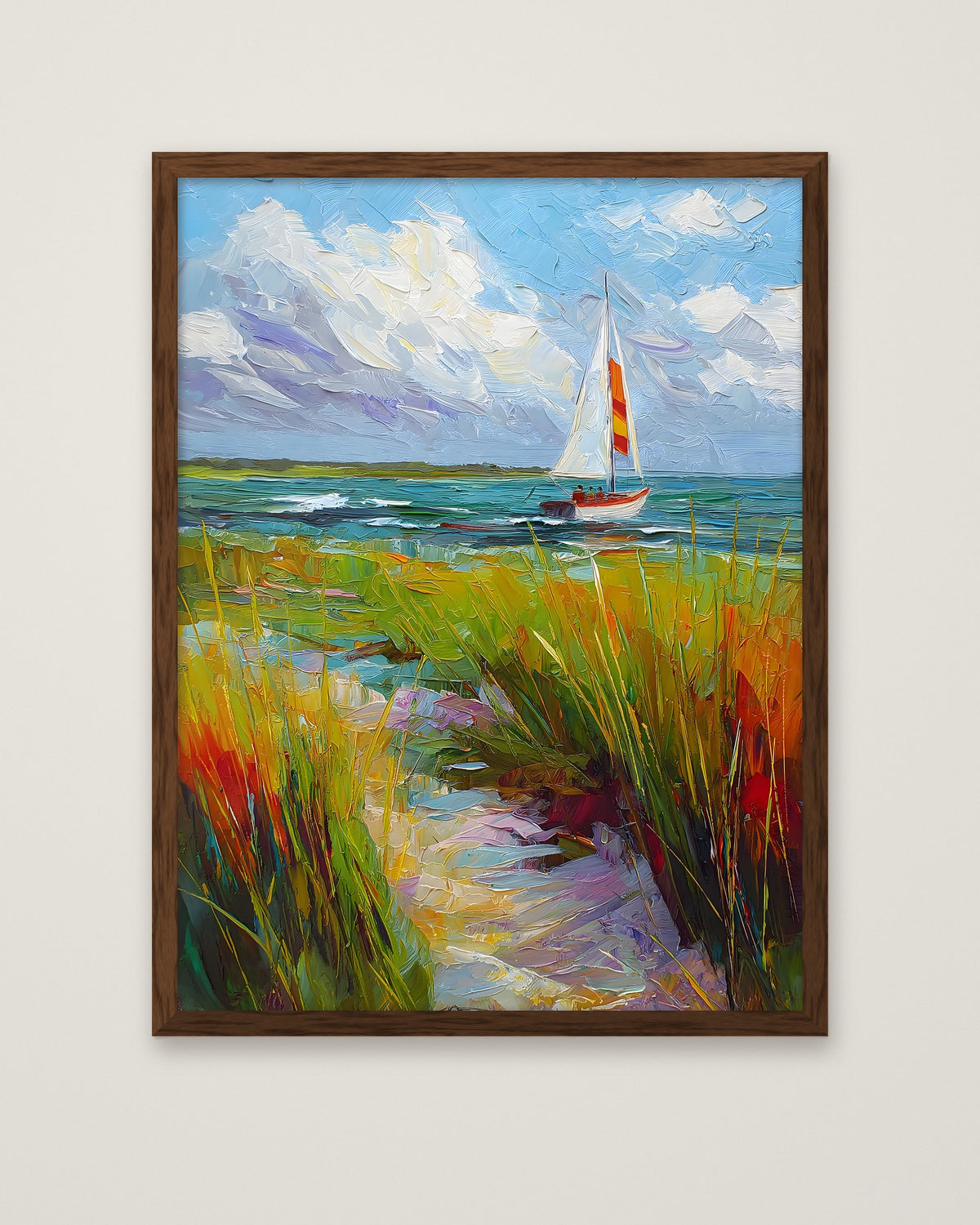 Coastal Sailboat Dune Grass Art in a dark wood frame