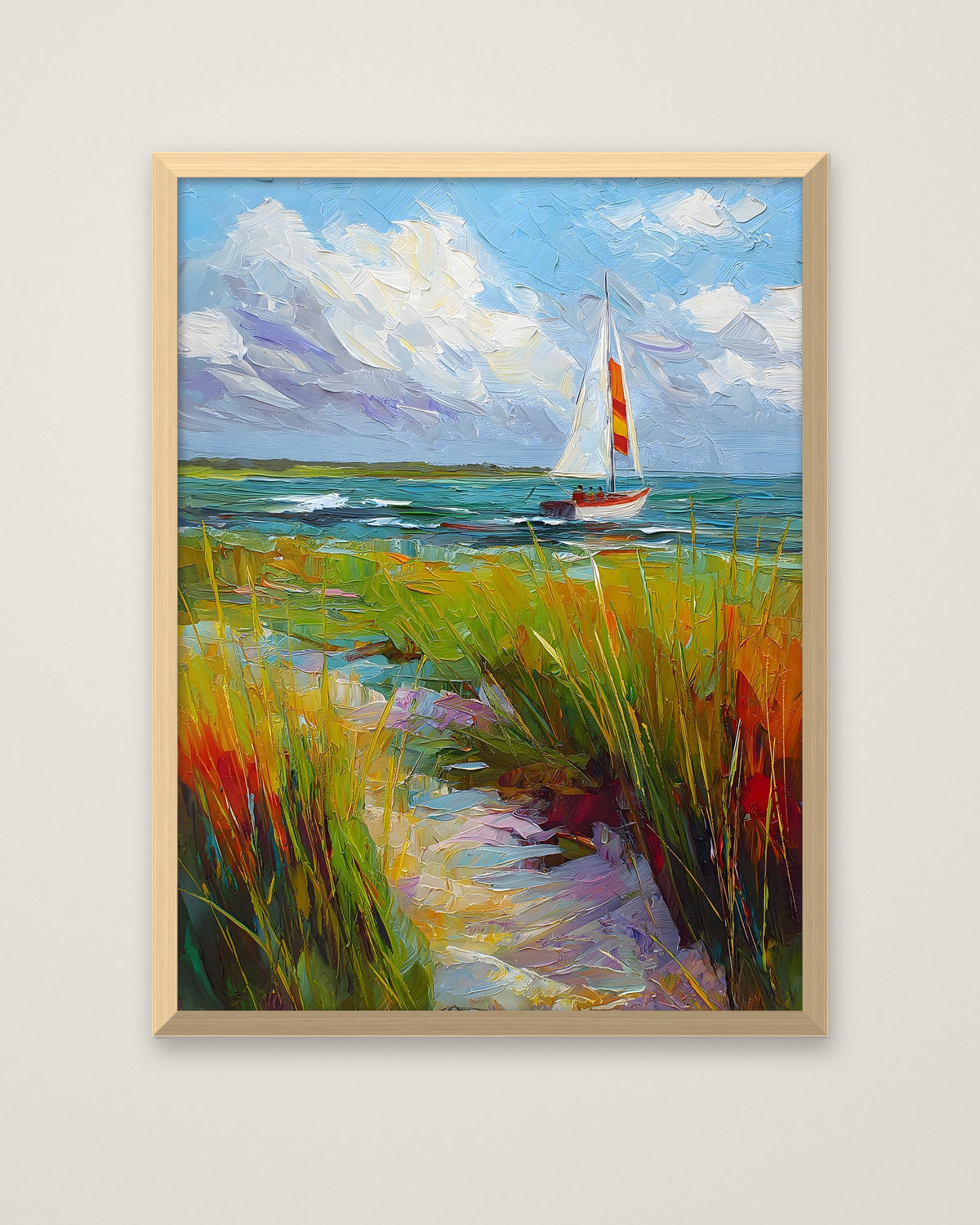 Coastal Sailboat Dune Grass Art in a natural wood frame
