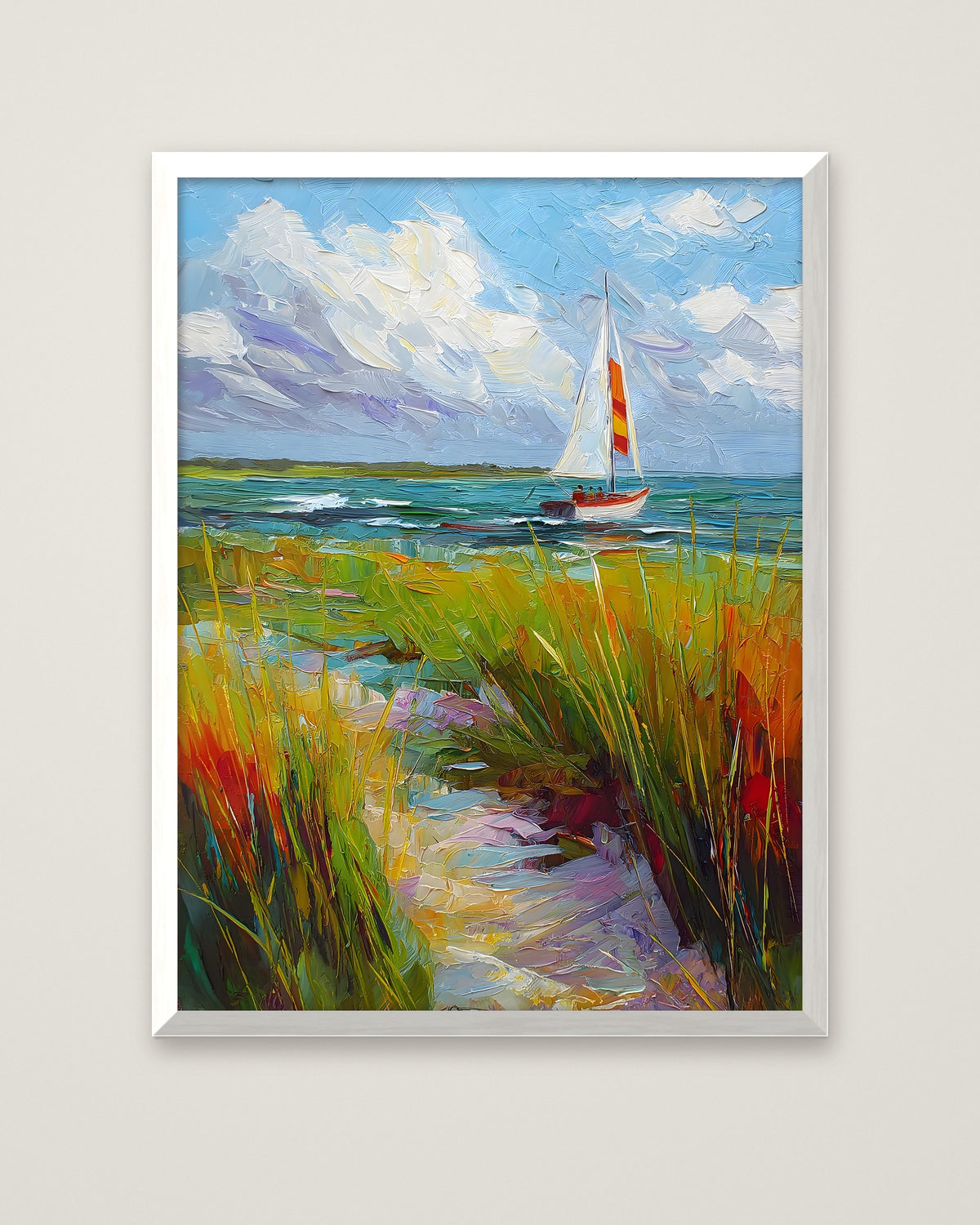 Coastal Sailboat Dune Grass Art in a white frame