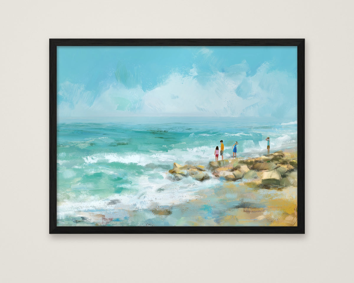 Coastal Shoreline Watercolor Art in a black frame