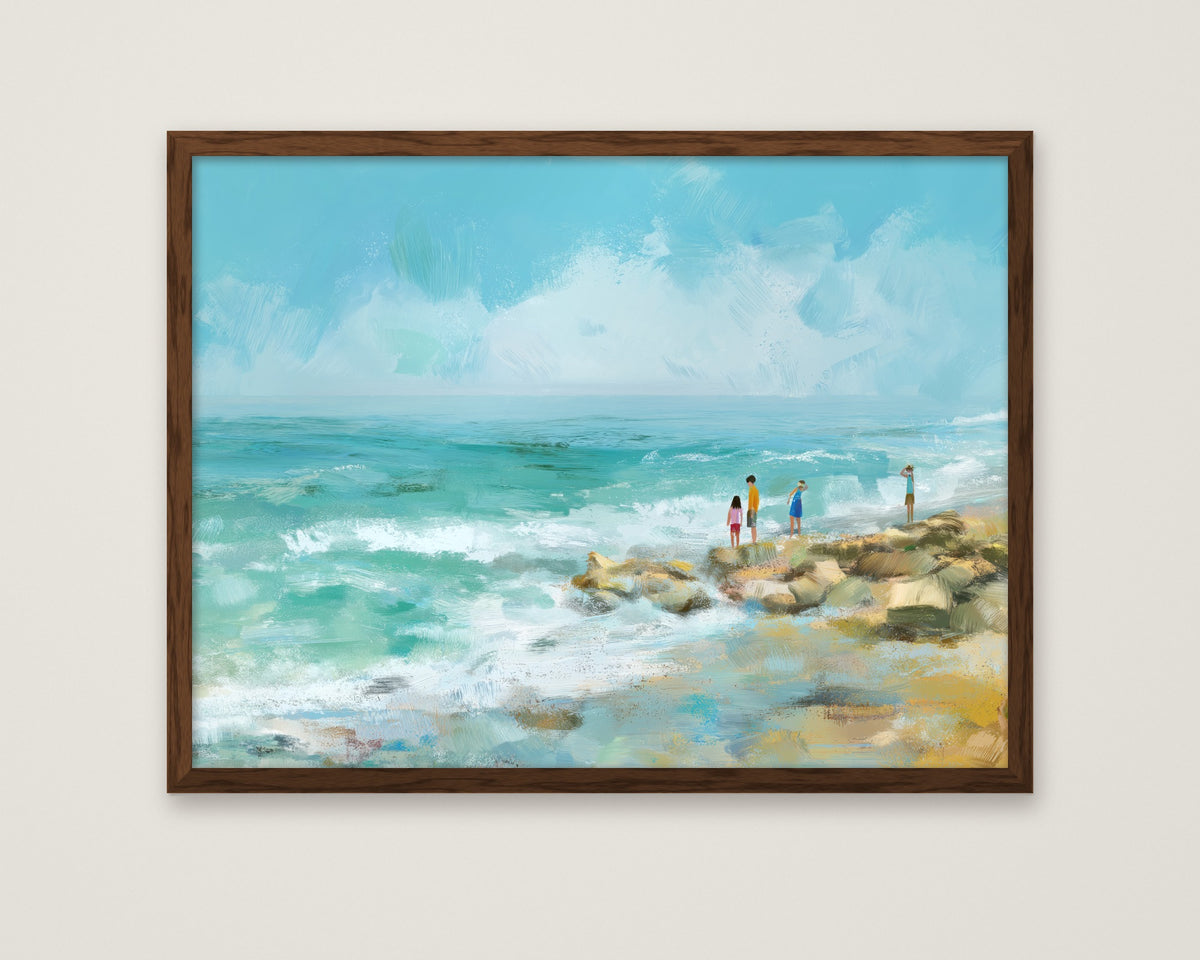 Coastal Shoreline Watercolor Art in a dark wood frame