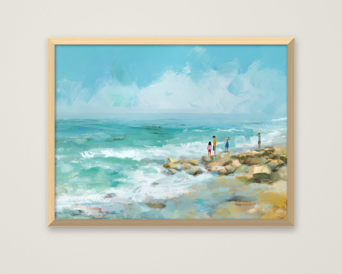 Coastal Shoreline Watercolor Art in a natural wood frame