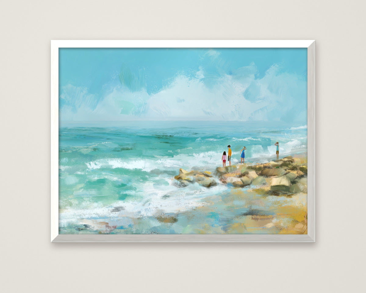 Coastal Shoreline Watercolor Art in a white frame