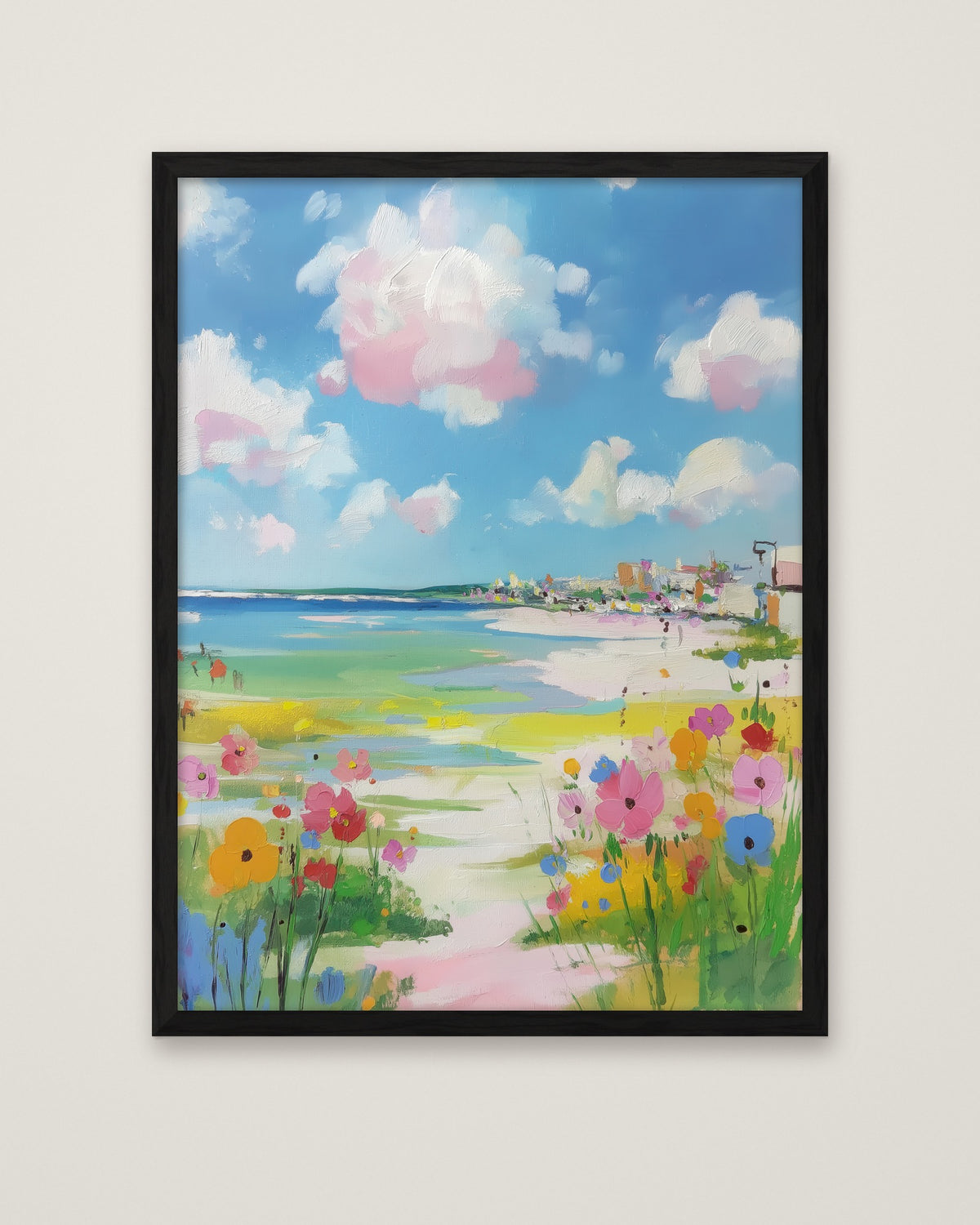 Coastal Wildflower Beach Painting in a black frame