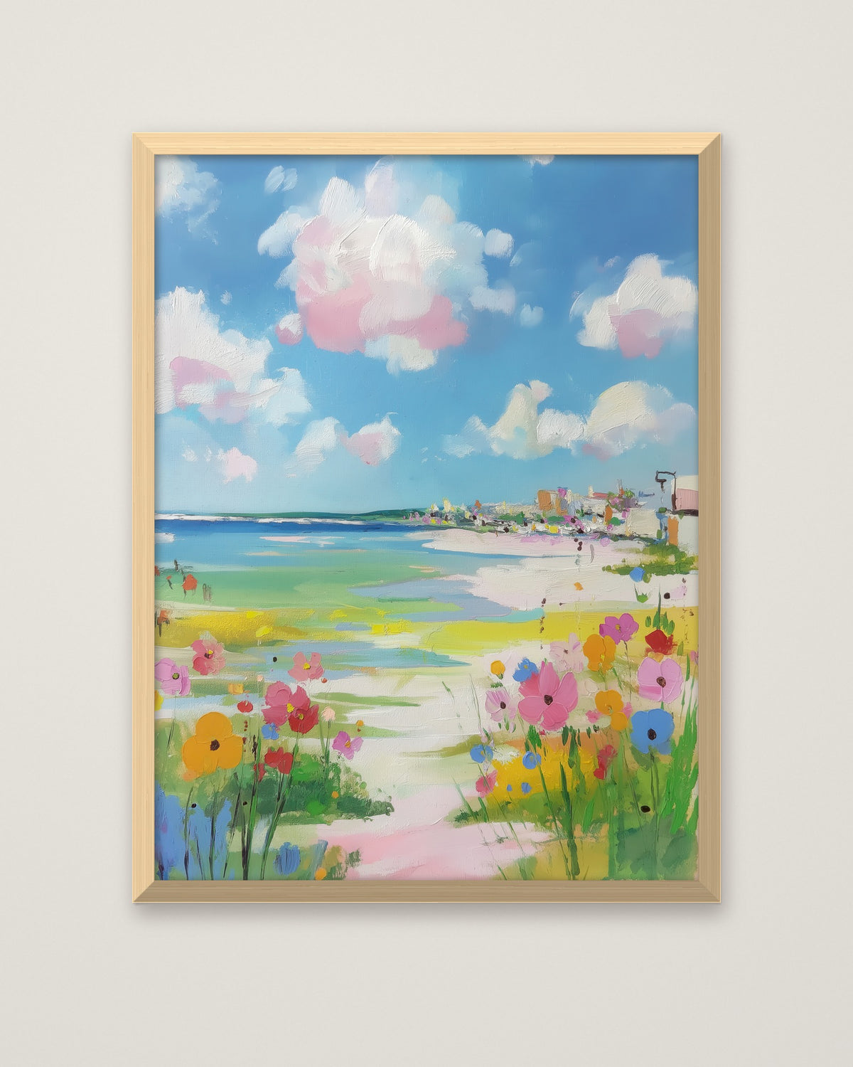 Coastal Wildflower Beach Painting in a natural wood frame