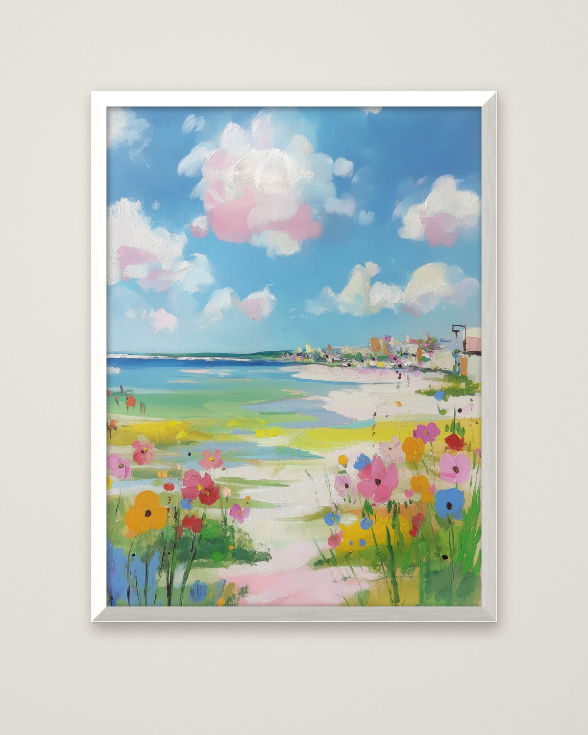 Coastal Wildflower Beach Painting in a white frame